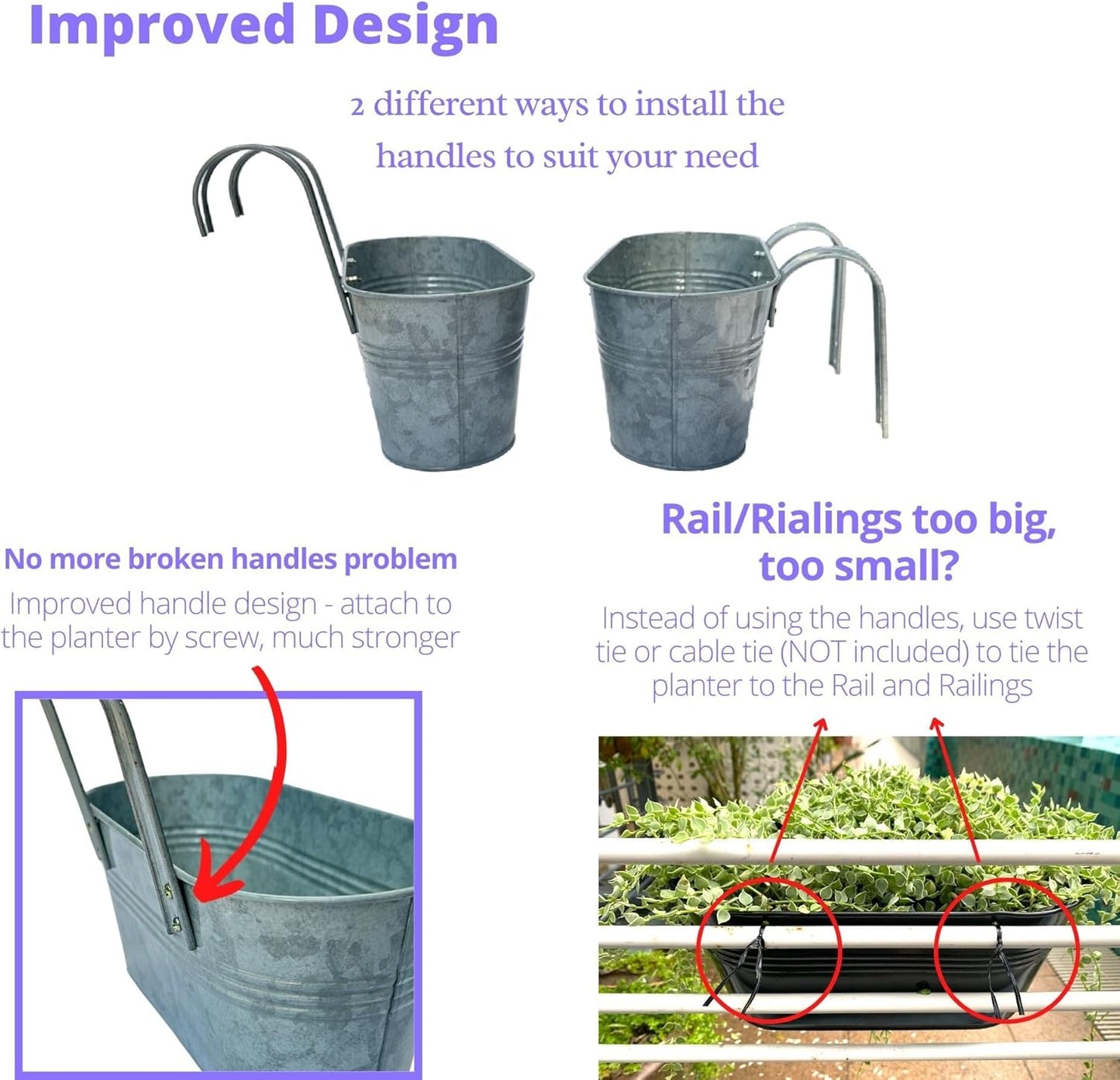 LaLaGreen Outdoor Rail Planter (11.2 Inch, 6 Pack) Silver Metal Iron Hanging Flower Pots Deck Railings Fence Buckets Modern Countryside Boho Style Wall Mount Window Box Plant Holder Hooks Porch Decor
