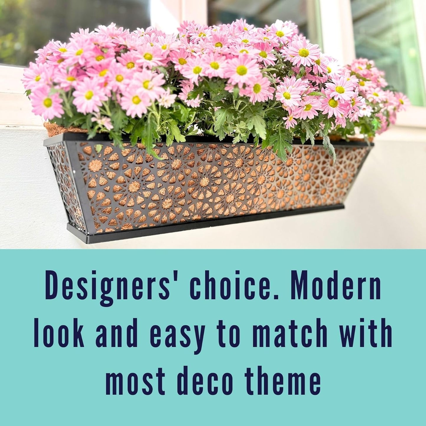 LaLaGreen Window Boxes Planters for Outdoor Plants (2 Pack, 24 Inch) Large Fence Hanging Planter Metal Deck Railing Flower Box with Coco Liner, Trendy Horse Troughs Balcony Pots Patio Porch Over Rail