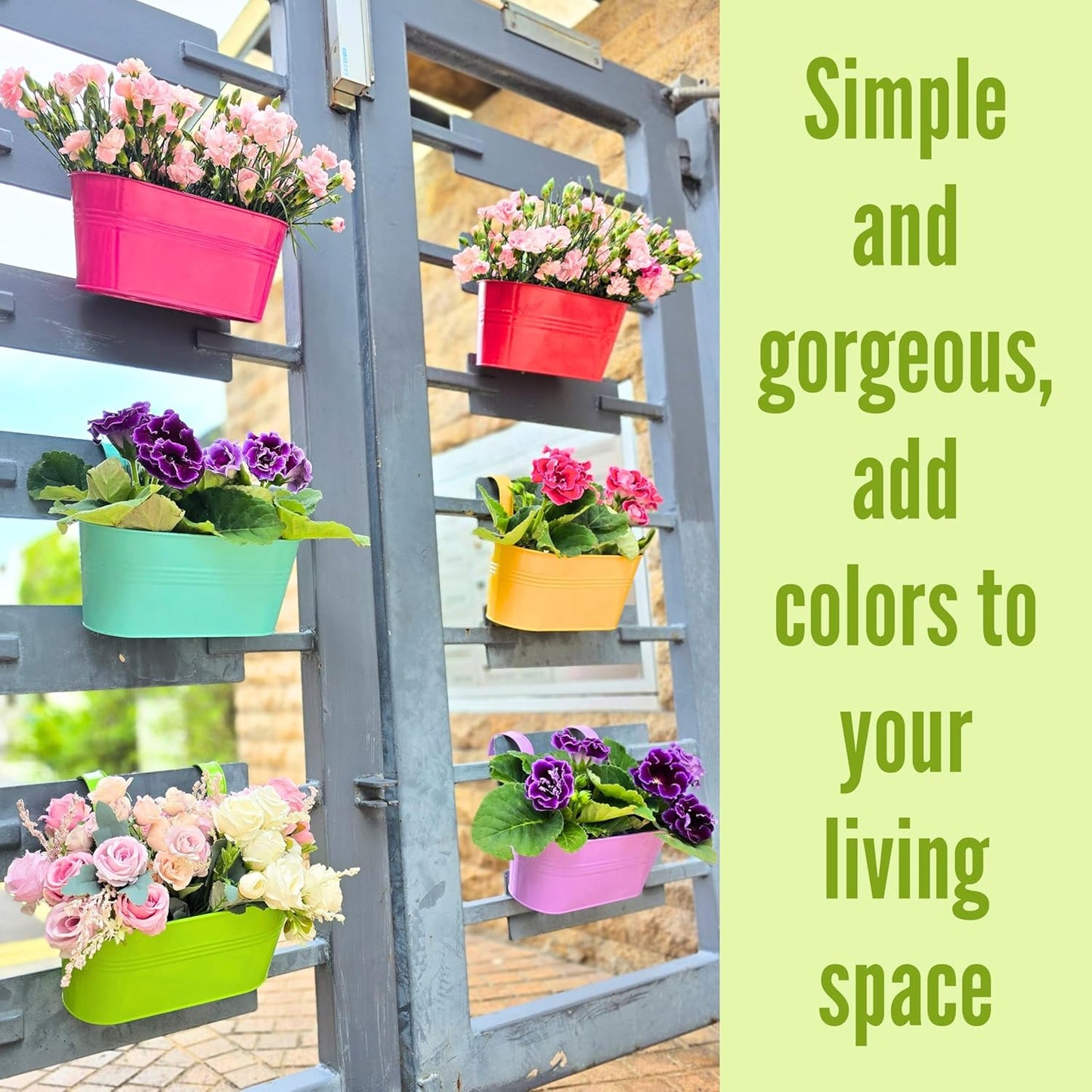 LaLaGreen Outdoor Hanging Planter (11.2 Inch, 6 Pack) Light Purple, Green, Yellow, Cadet Blue, Dark Pink, Red Metal Iron Window Box Flower Pot Deck Railings Balcony Fence Rail Porch Home Garden Decor