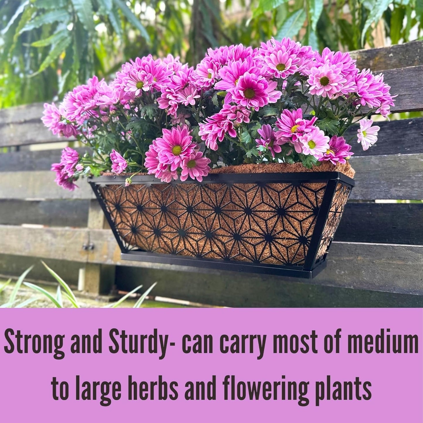 LaLaGreen Window Boxes Planter for Outdoor Plants (4 Pack, 16 Inch) Black Metal Rectangular Flower Pot Wall Planters with Coco Liner Horse Trough Deck Railings Modern Stylish Balcony Fence Porch Patio