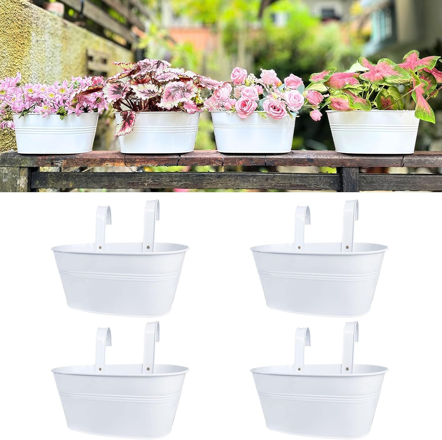 LaLaGreen Planter Boxes Outdoor (15 Pack, 11.8 Inch) White Metal Iron Hanging Flower Pots Deck Railings Rails Fence Buckets Countryside Boho Style Wall Mount Window Box Plant Holder Hooks Porch Decor