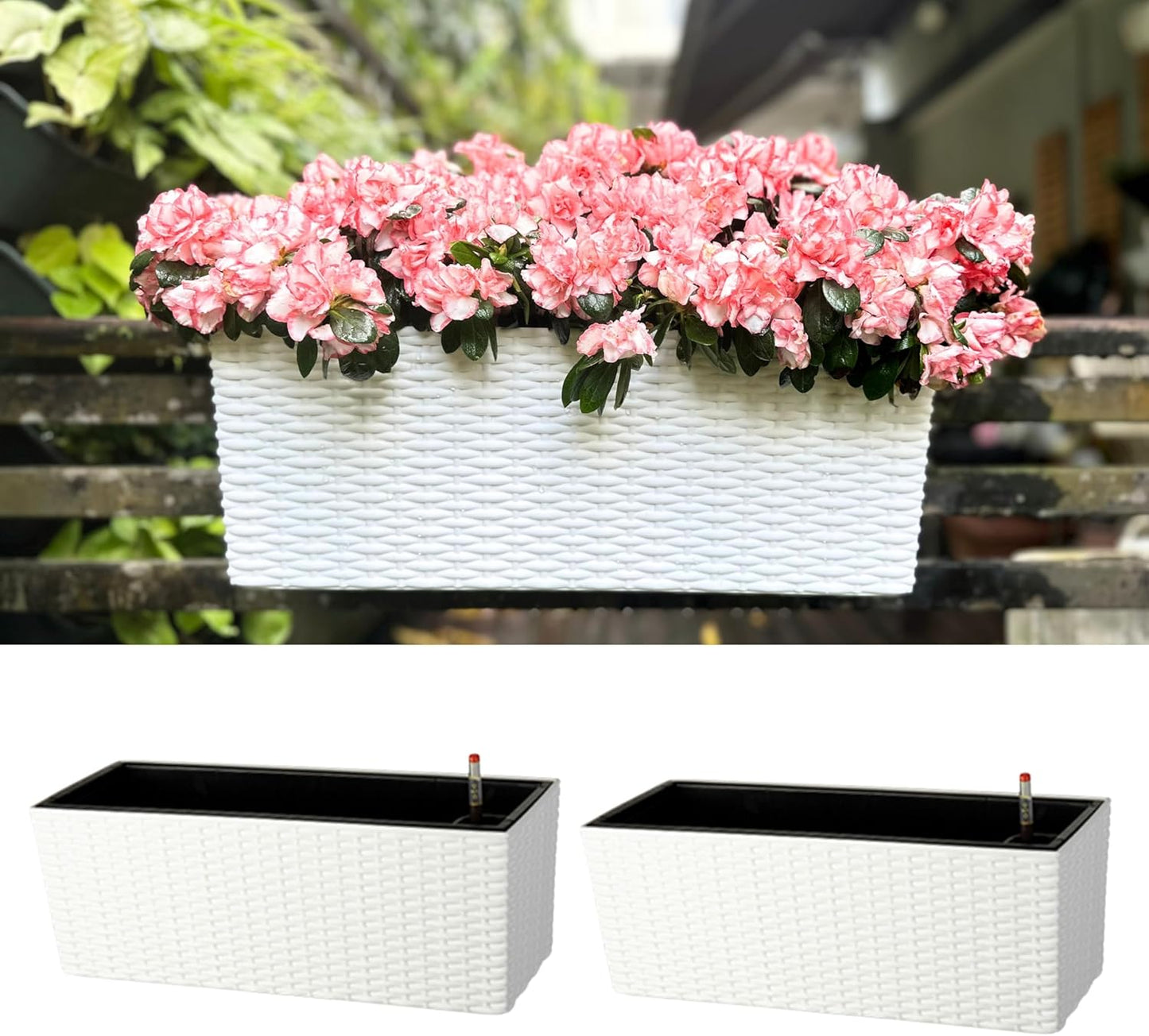 LaLaGreen Deck Railing Planter Box (4 Pack, 20 Inch) White Rectangular Window Flower Boxes with Bracket, Self Watering System Hanging Planter Box for Outdoor Plant Container Herb Rail Fence Balcony