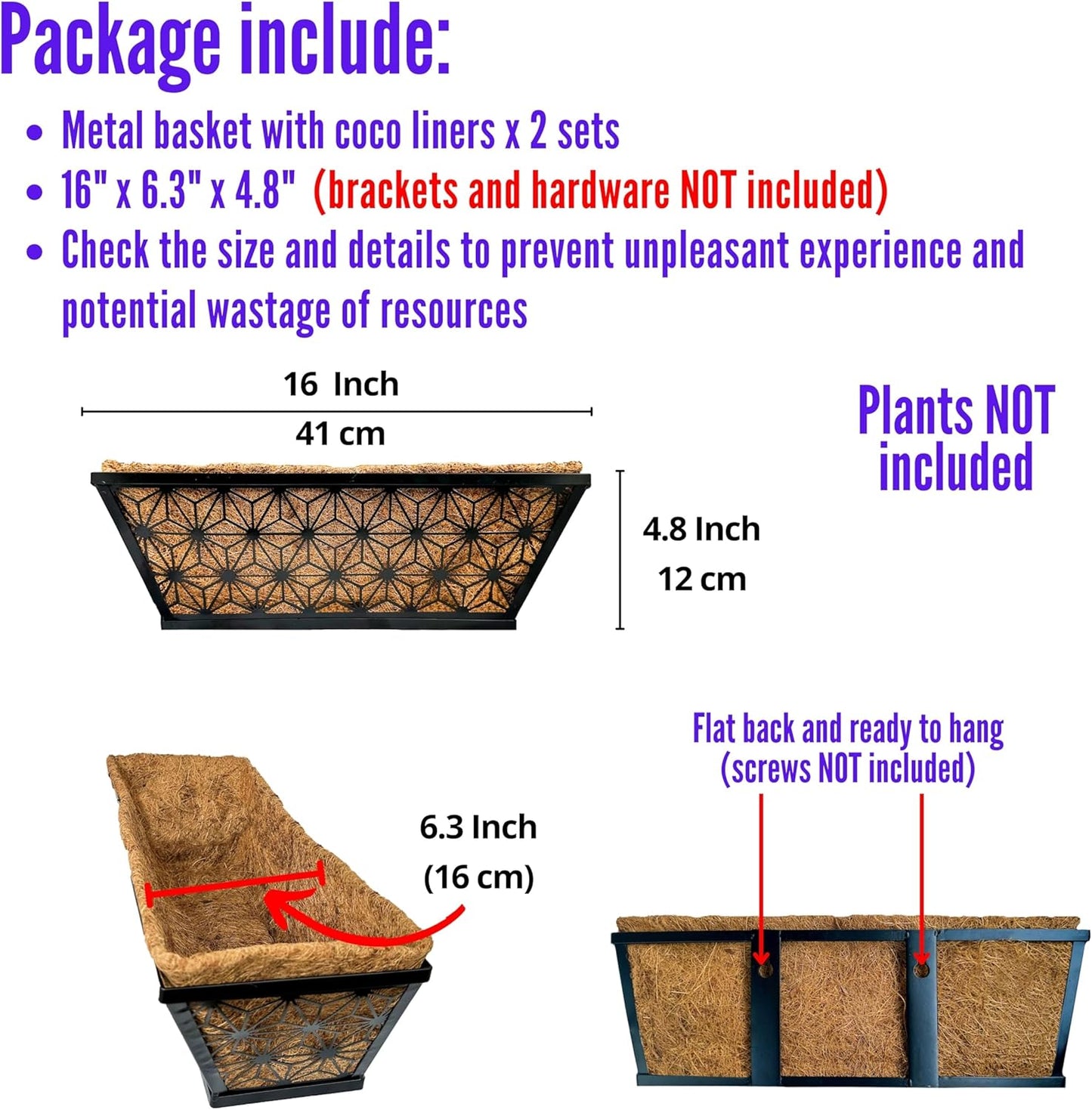 LaLaGreen Window Boxes Planter for Outdoor Plants (2 Pack, 16 Inch) Black Metal Basket Flower Pot Rectangular Wall Planters with Coco Liner, Horse Trough Deck Railing Balcony Modern Garden Fence Patio