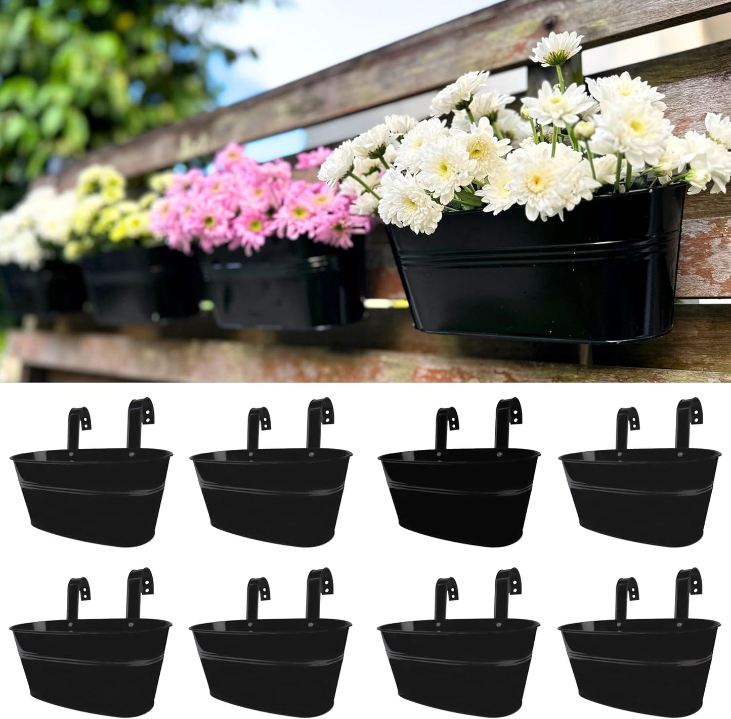 LaLaGreen Railing Planter Outdoor Plants (11.2 Inch, 2 Pack) Black Metal Iron Hanging Flower Pots Deck Rail Fence Hanging Bucket Modern Countryside Style Window Box Plant Holder with Hooks Porch Decor