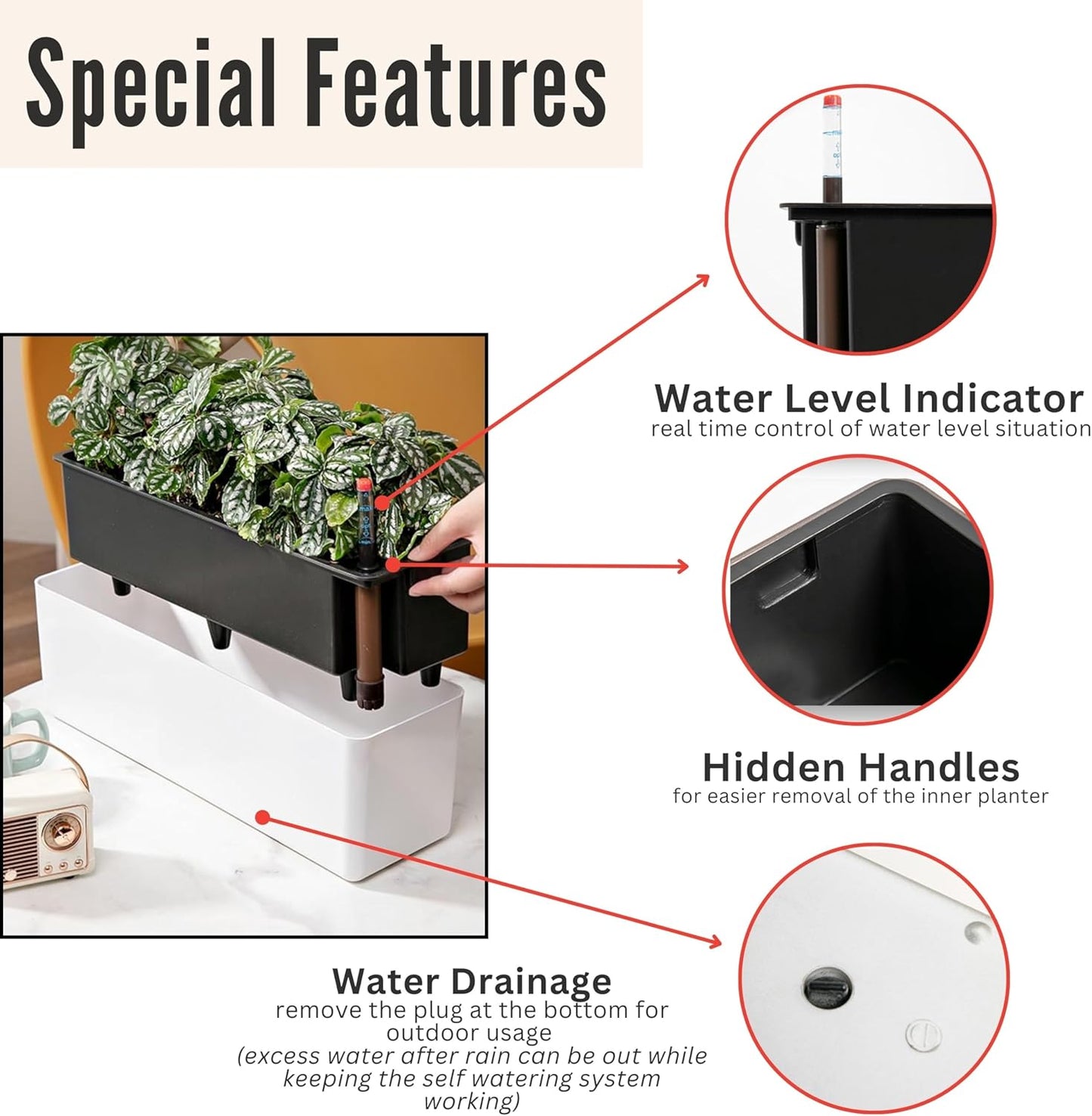 LaLaGreen Planter Box for Indoor Plants (2 Pack, 16 Inch) White Rectangular Self Watering Flower Pot, Large Window Boxes Planters with Drainage Decorative Modern Balcony Windowsill Herbs Home Garden