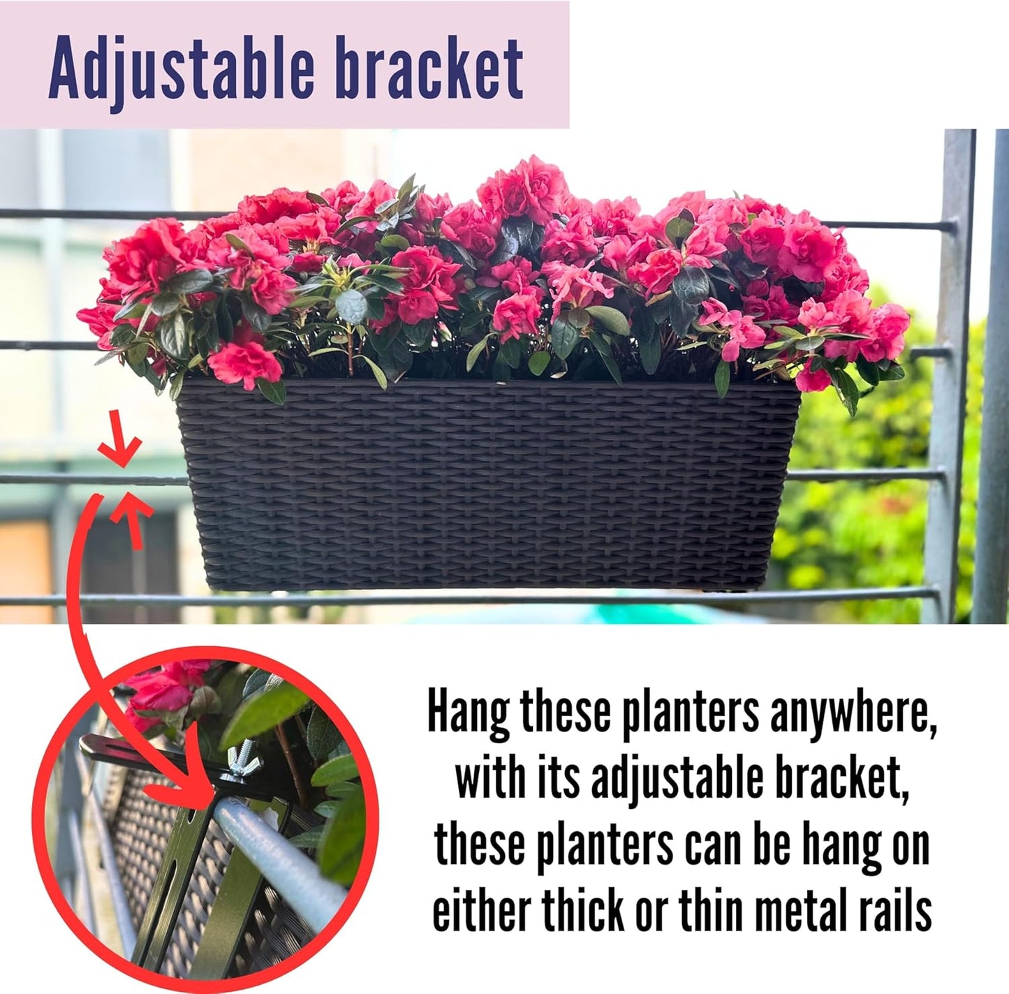 LaLaGreen Deck Railing Planter Box (4 Pack, 20 Inch) Black Rectangular Window Flower Boxes with Bracket, Self Watering System Hanging Planter Box for Outdoor Plant Container Herb Rail Fence Balcony