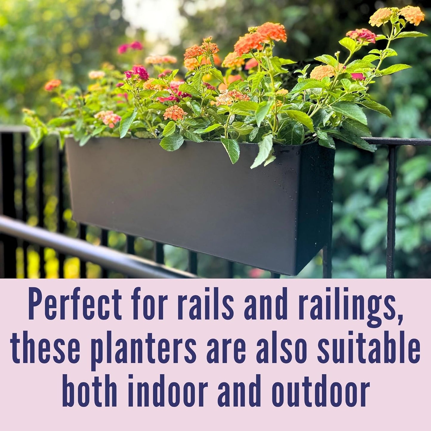 LaLaGreen Rail Planter for Balcony Outdoor (2 Pack, 20 Inch) Large Black Self Watering Railing Planters with Brackets, Rectangular Plastic Deck Fence Window Box Designer Choice with Rattan Pattern