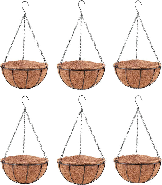 LaLaGreen Hanging Baskets for Outdoor Plants(14 Inch, 6 Pack) Large Hanging Planter with Coco Liner Round Flower Pots, Black Metal Wire Plant Holder Hook Hanger Deck Porch Modern Garden Balcony Decor
