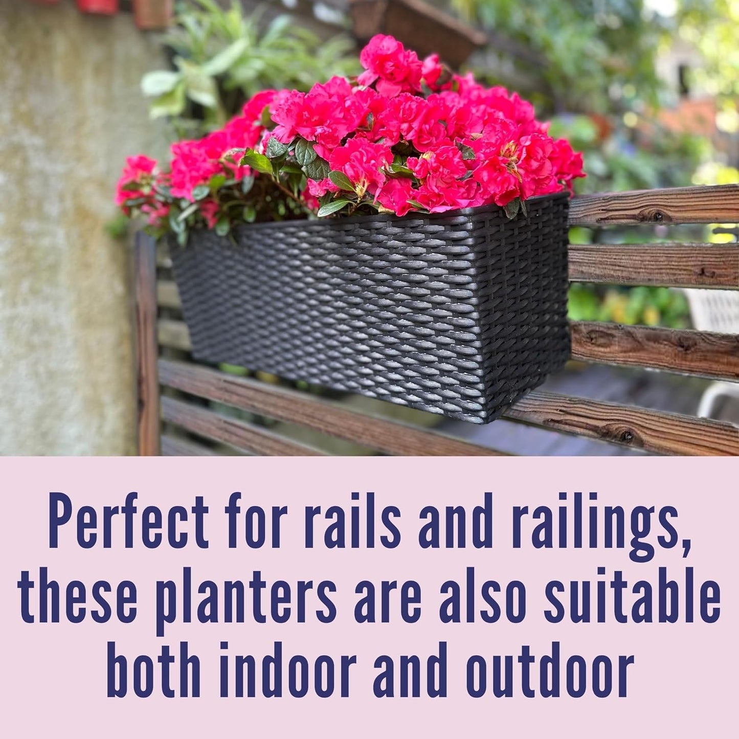 LaLaGreen Deck Railing Planter Box (4 Pack, 20 Inch) Black Rectangular Window Flower Boxes with Bracket, Self Watering System Hanging Planter Box for Outdoor Plant Container Herb Rail Fence Balcony