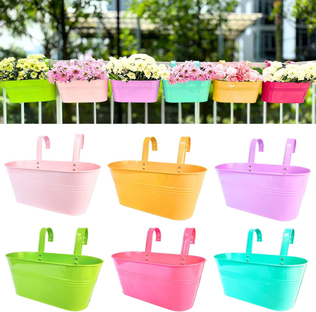LaLaGreen Colorful Oval Metal Railing Planter Boxes