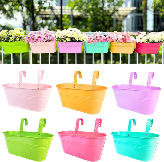 LaLaGreen Rail Planter Outdoor Plants (6 Pack, 11.8 Inch) Colorful Metal Iron Strawberry Hanging Flower Pots Deck Railing Fence Buckets Modern Wall Mount Window Box Plant Holder Hooks Porch Home Decor