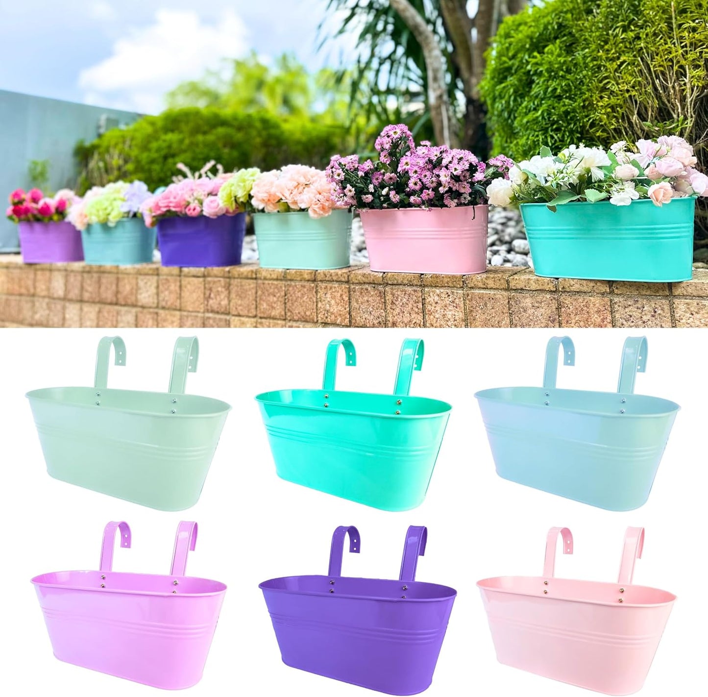 LaLaGreen Outdoor Hanging Planter (11.2 Inch, 6 Pack) Light Blue, Green, Neon Pink, Yellow, Orange, Peachy Pink Metal Iron Window Box Flower Pot Deck Railings Fence Rail Bucket Porch Home Garden Decor