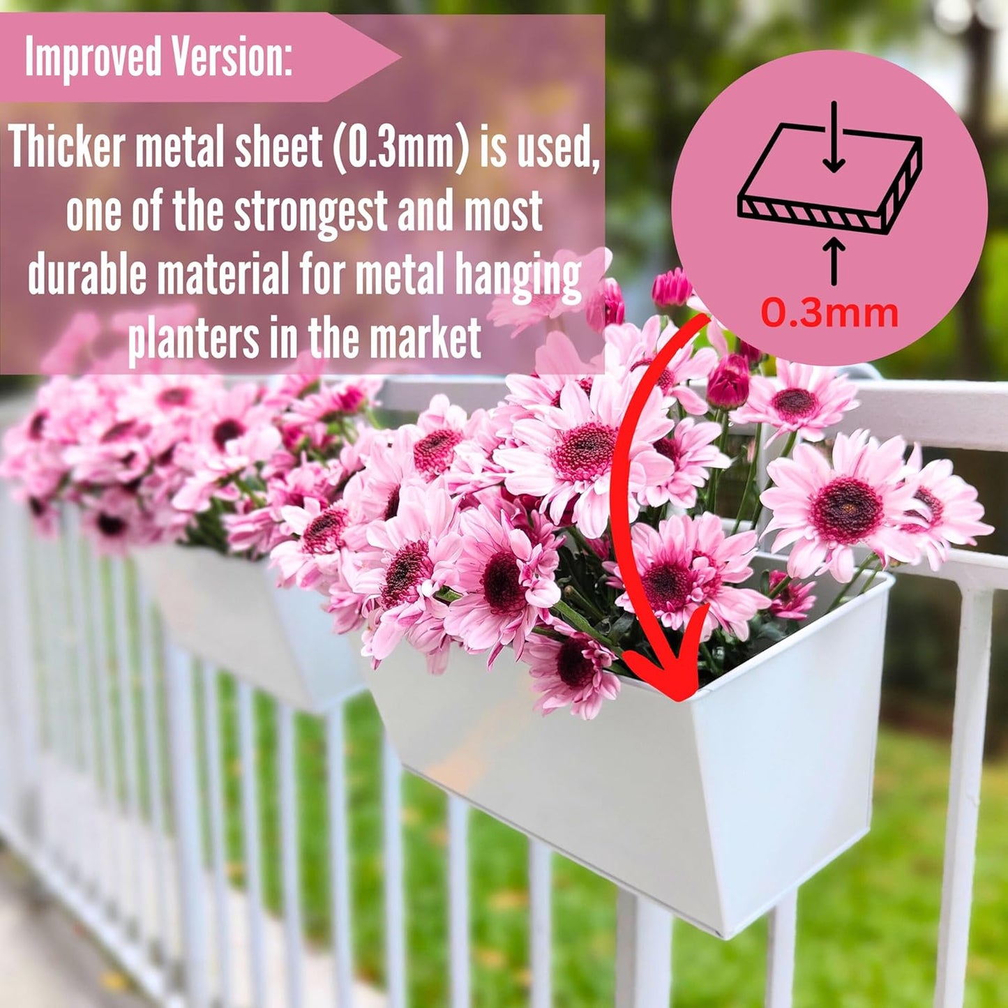 LalaGreen Outdoor Planter (2 Pack, 12 Inch) White Metal Rectangle Window Boxes Planters with Drainage Holes, Strawberry Wall Hanging Flower Pots Balcony Deck Railing Fence Minimalist Patio Home Decors