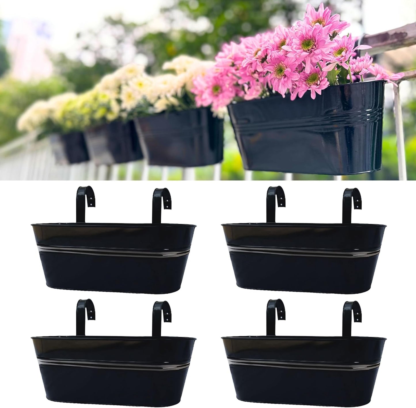 LaLaGreen Outdoor Plants Rail Planter (16 Inch, 4 Pack) Black Metal Iron Hanging Flower Pots Deck Railings Fence Buckets Modern Boho Style Wall Mount Window Boxes Plant Holder Hooks Porch Home Decor