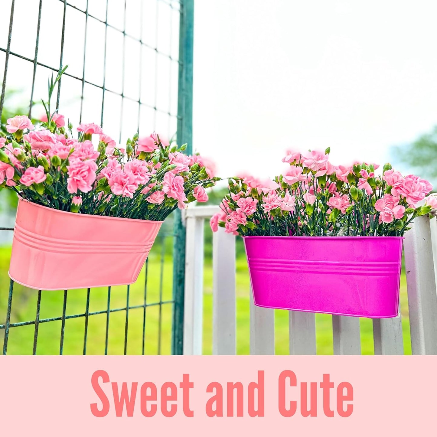 LaLaGreen Outdoor Hanging Planter (11.2 Inch, 6 Pack) Light Blue, Green, Neon Pink, Dark Blue, Orange, Peachy Pink Metal Iron Window Box Flower Pot Deck Railings Fence Rails Buckets Porch Garden Decor