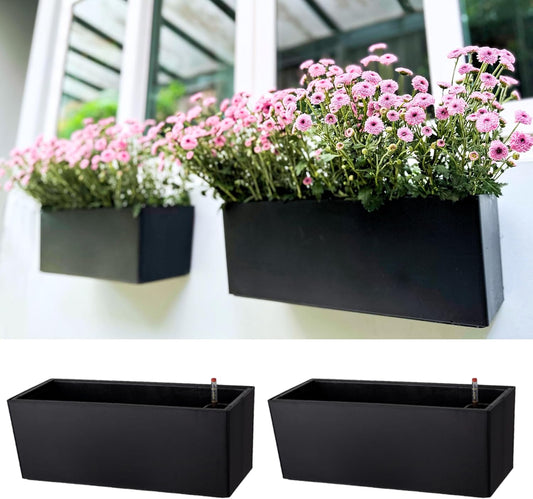 LaLaGreen Wall Planters for Outdoor (2 Pack, 14 Inch) Black Self Watering System Hanging Plant Box Flower Pot, Rectangular Wall Mount Indoor Vertical Living Garden Decoration Window Sill Herb Trendy