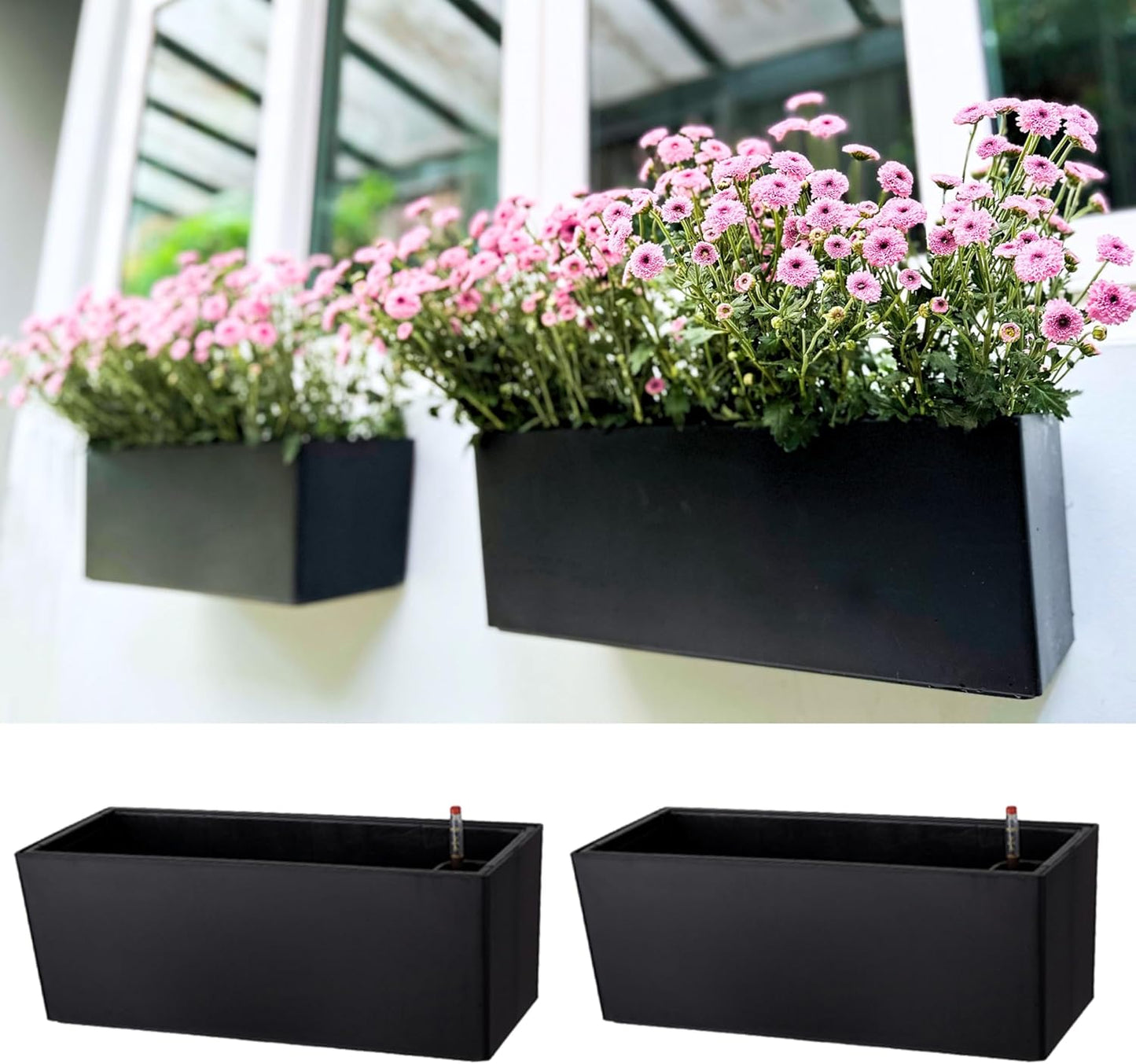 LaLaGreen Wall Planter for Outdoor Plants (3 Pack, 14 Inch) Wall Mounted Self Watering System Black Flower Boxes with Bracket, Window Wall Hanging Rectangular Plant Pots Container Indoor Modern Herb