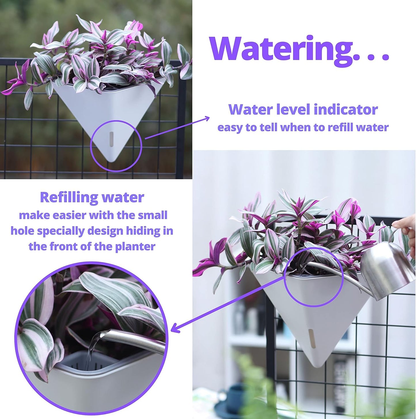 LaLaGreen Wall Planters for Indoor Plants - 4 Pack, 12 Inch Large Self Watering White Geometric Hanging Flower Vase Vessel with Metal Hanger, Modern Stylish Wall Mounted Succulent Pot Holder Decor