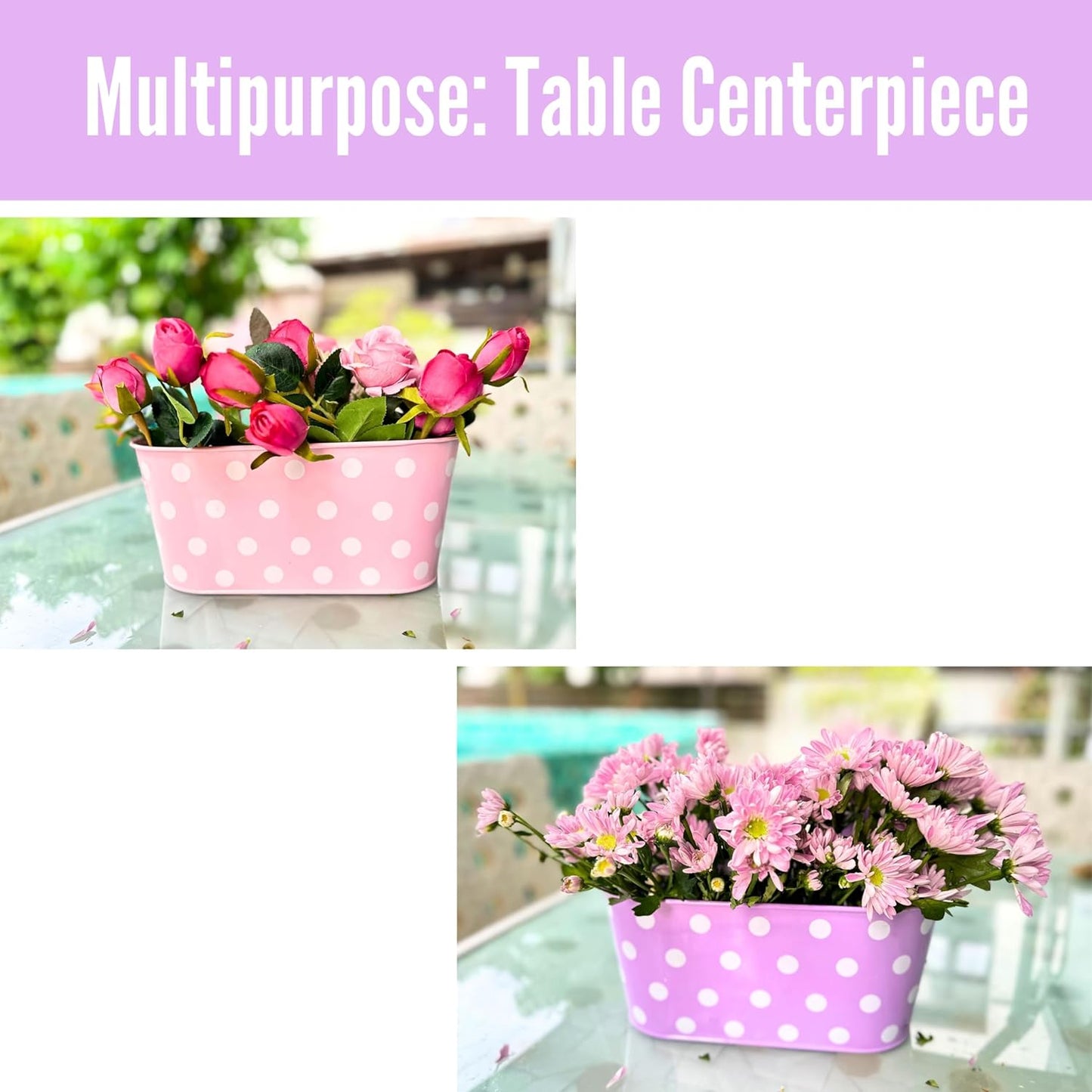 LaLaGreen Rail Planter for Deck Railing (11.2 Inch, 6 Pack) Colorful Metal Iron Hanging Flower Pots, Polka Dot and Strawberry Fence Garden Cute Balcony Box Plant Holder with Hooks Bucket Hang Porch