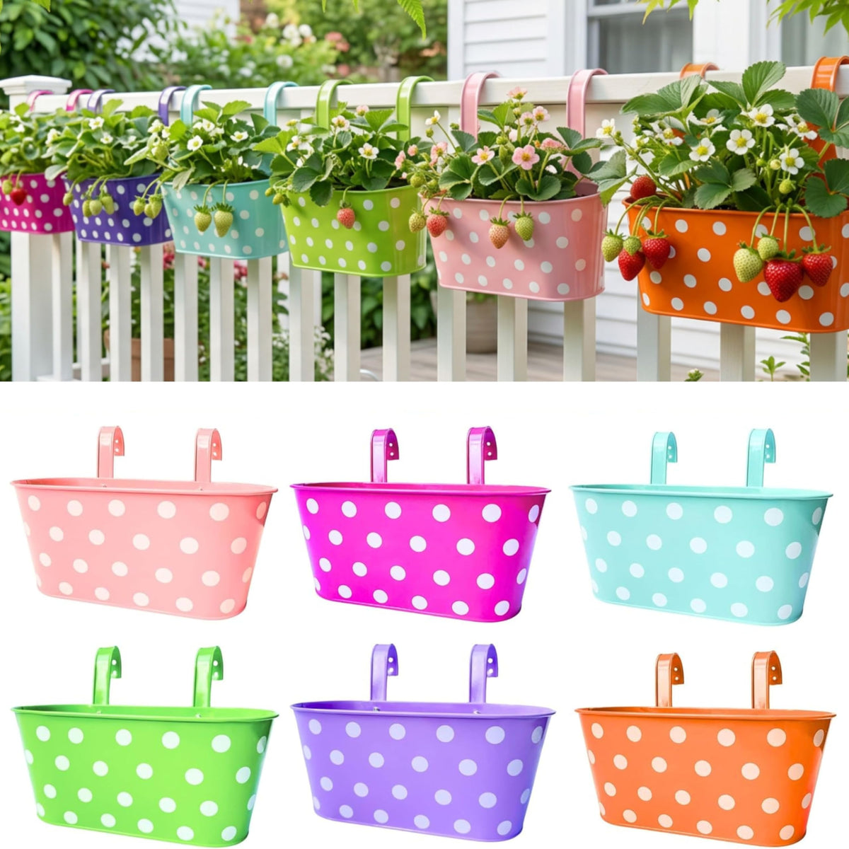 LaLaGreen Polka Dot Metal Railing Planter Boxes — 11.2 in