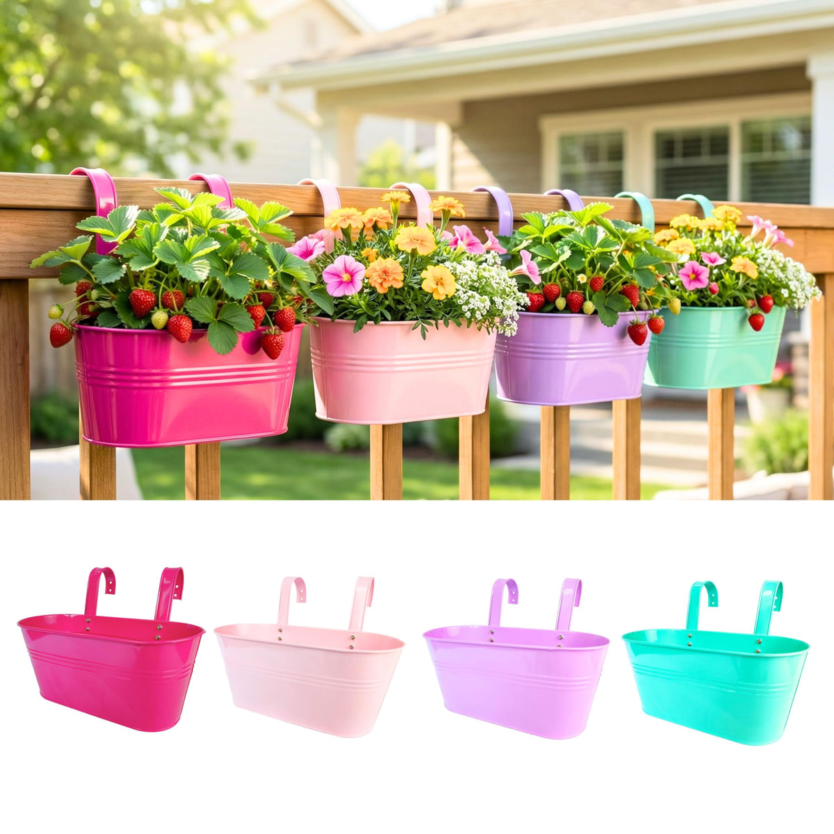 LaLaGreen Colorful Oval Metal Railing Planter Boxes
