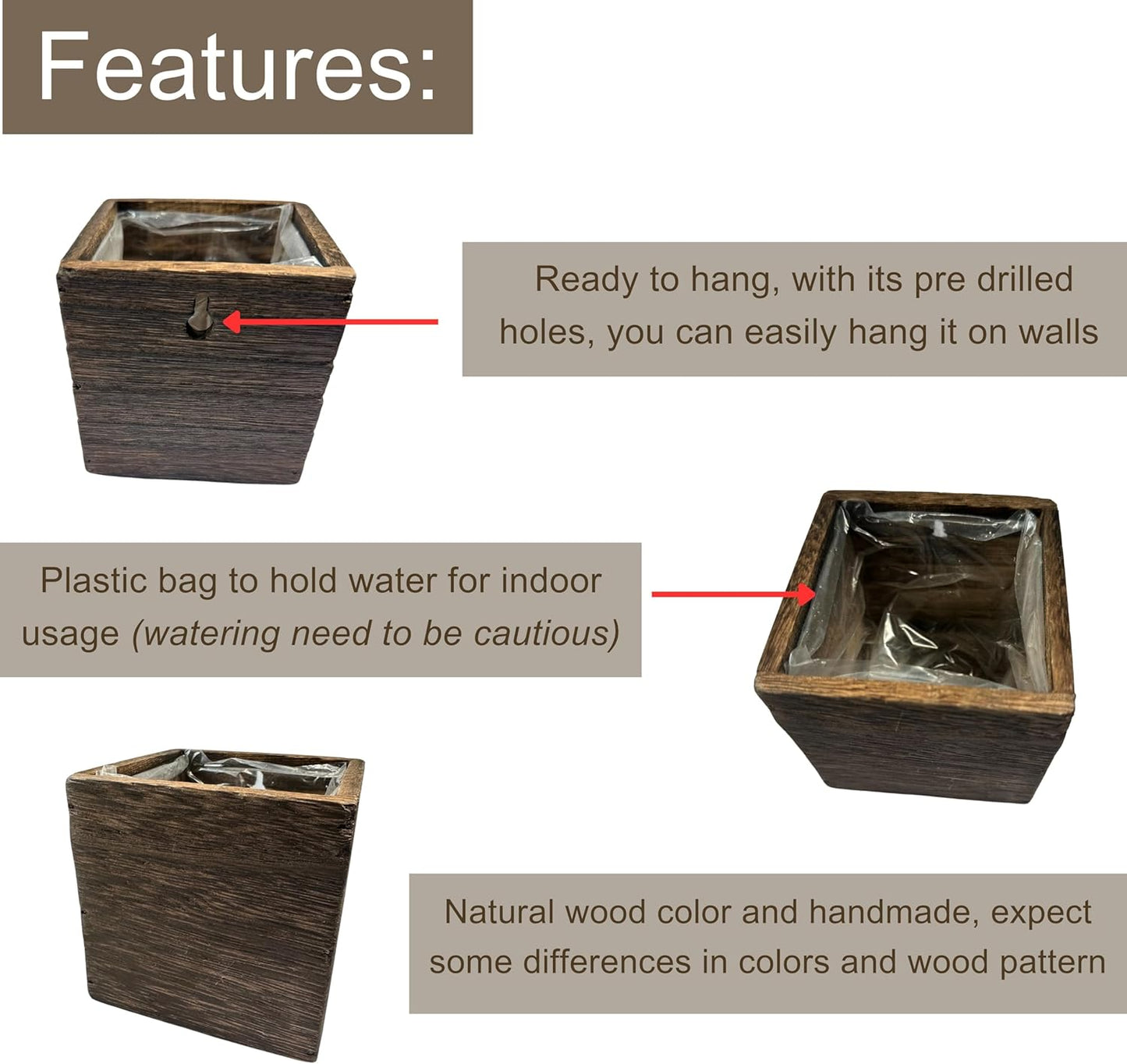 LaLaGreen Wood Planter Box for Plants (4x4 Inch, 2 Pack) Small Square Wall Planters for Indoor Plant, Window Hanging Flower Pot Wooden Boxes for Table Centerpiece Herb Balcony Home Garden Office Decor