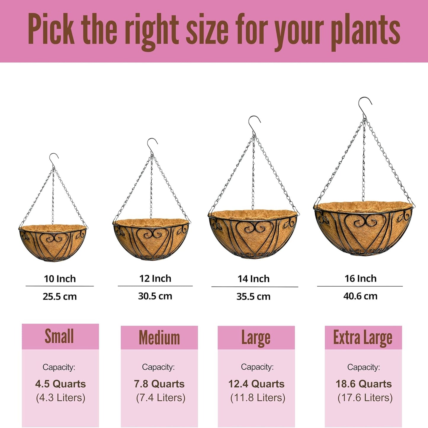 LaLaGreen Hanging Baskets for Plants (6 Pack, 12 Inch) Hanging Flower Pots with Coco Liner, Black Metal Wire Round Basket Plant Holder with Hanger Hook Chain, Outdoor Patio Deck Balcony Garden Décor