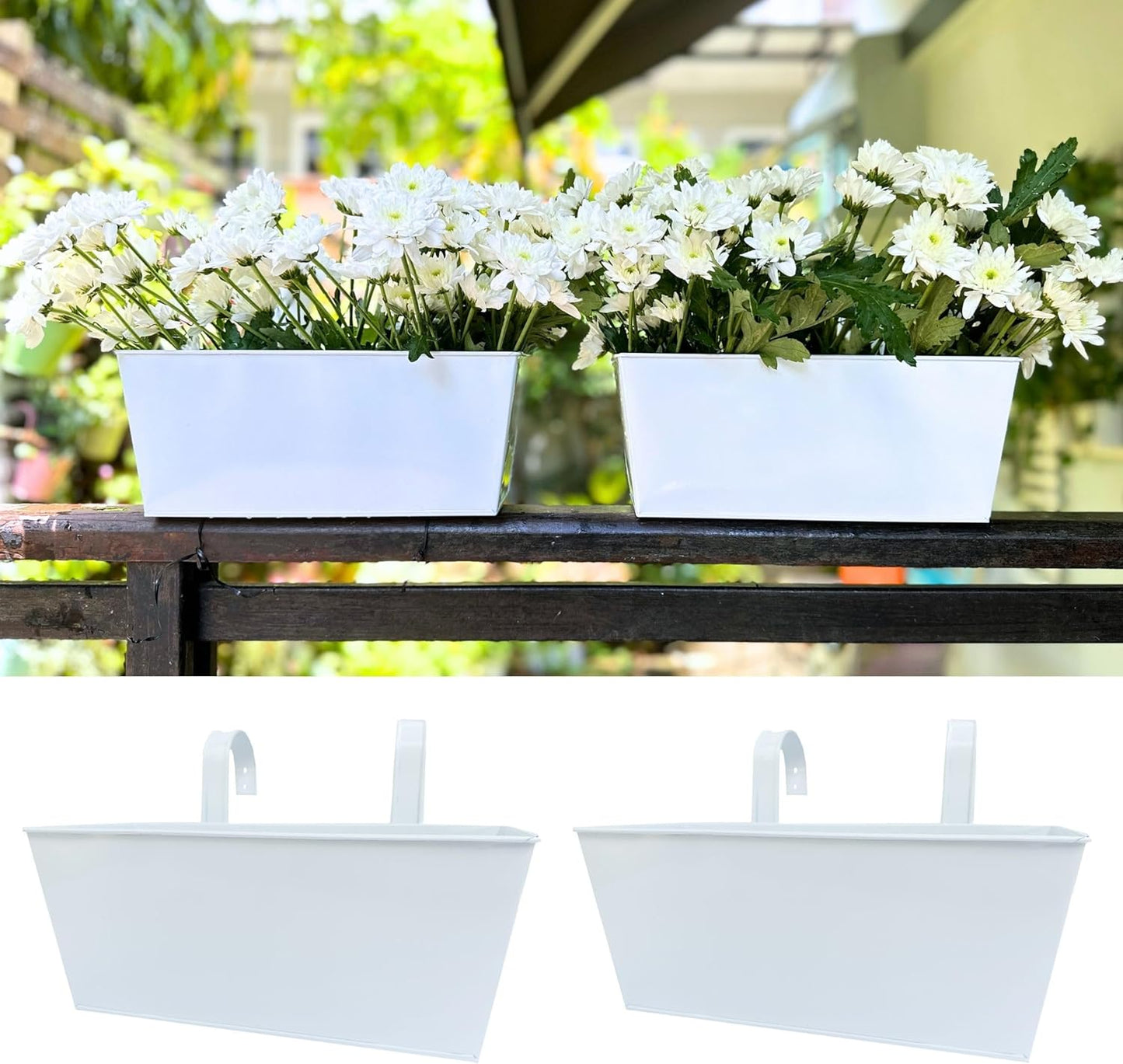 LalaGreen Window Boxes Planters (4 Pack, 12 Inch) White Metal Rectangle Outdoor Wall Hanging Flower Pots with Detachable Handle, Strawberry Railing Balcony Fence for Artificial Plant Rustic Boho Decor