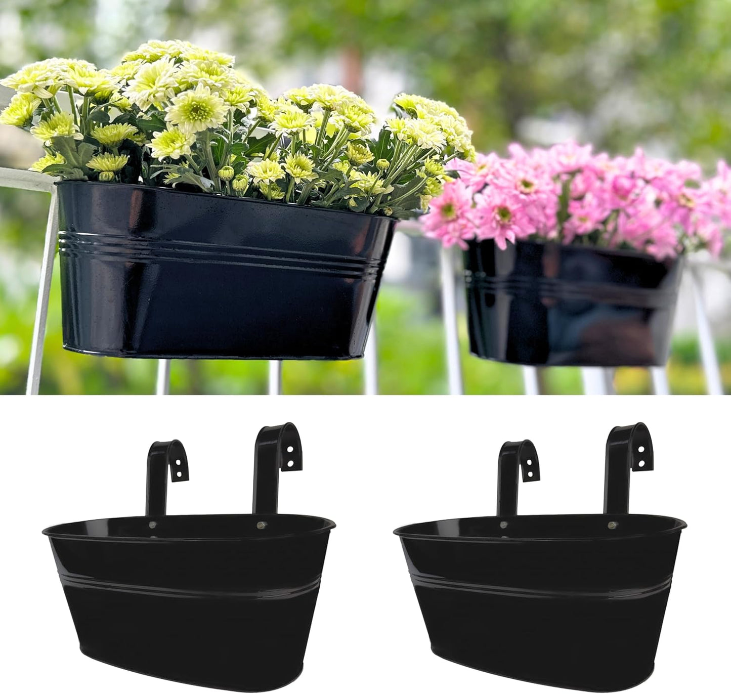 LaLaGreen Rail Planter Outdoor Plants (11.8 Inch, 2 Pack) Black Metal Iron Fence Hanging Flower Pots Deck Railings Buckets Countryside Boho Style Wall Mount Window Box Plant Holder Hooks Porch Decor