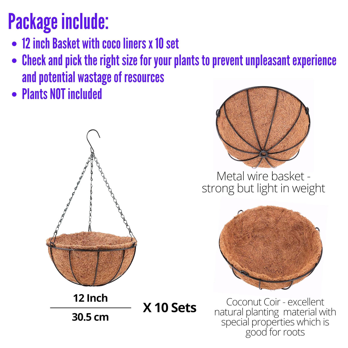 LaLaGreen Hanging Baskets for Plants (10 in, 6 Pack) Coco Liner Flower Pots