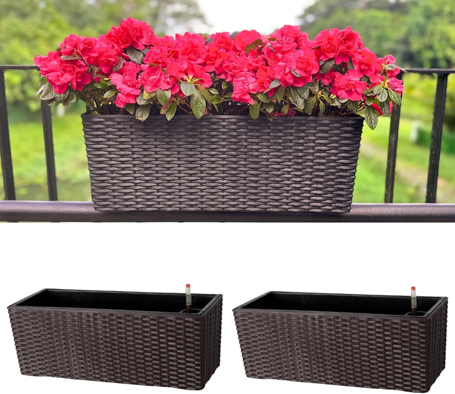 LaLaGreen Outdoor Rail Planter for Balcony (2 Pack, 20 Inch) Large Black Self Watering Railing Planters with Brackets, Rectangular Plastic Window Flower Box Fence Designer Choice with Rattan Pattern