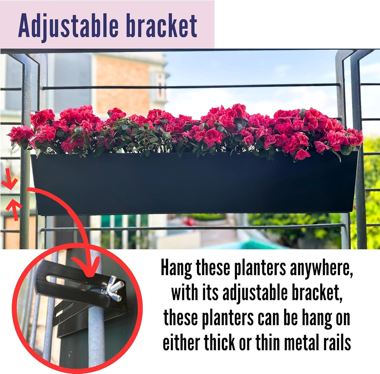 LaLaGreen Rail Planter for Balcony Outdoor (40 Inch, 1 Pack) Large Self Watering System Railing Planters with Brackets, Black Rectangular Window Hanging Flower Boxes Herb Plant Plastic Container Decor