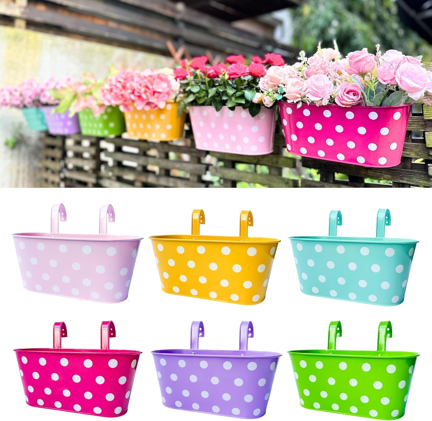 LaLaGreen Rail Planter for Deck Railing (11.2 Inch, 6 Pack) Colorful Metal Iron Hanging Flower Pots, Polka Dot and Strawberry Fence Garden Cute Balcony Box Plant Holder with Hooks Bucket Hang Porch