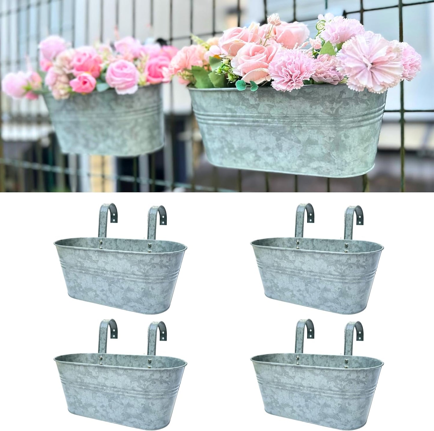 LaLaGreen Outdoor Rail Planter (11.2 Inch, 6 Pack) Silver Metal Iron Hanging Flower Pots Deck Railings Fence Buckets Modern Countryside Boho Style Wall Mount Window Box Plant Holder Hooks Porch Decor