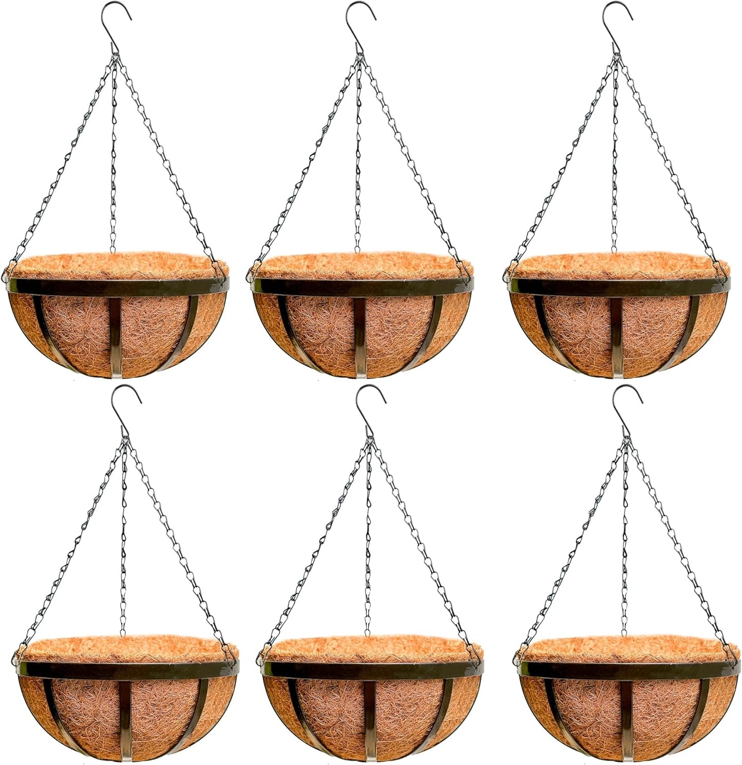 LaLaGreen Outdoor Hanging Baskets for Plants (6 Pack, 16 Inch) Large Hanging Planter with Coco Liner, Black Plant Metal Flat Iron Round Flower Pots Deck Patio Modern Garden Balcony Outside Decoration