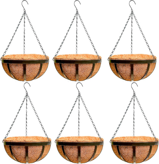 LaLaGreen Outdoor Hanging Baskets for Plants (6 Pack, 16 Inch) Large Hanging Planter with Coco Liner, Black Plant Metal Flat Iron Round Flower Pots Deck Patio Modern Garden Balcony Outside Decoration