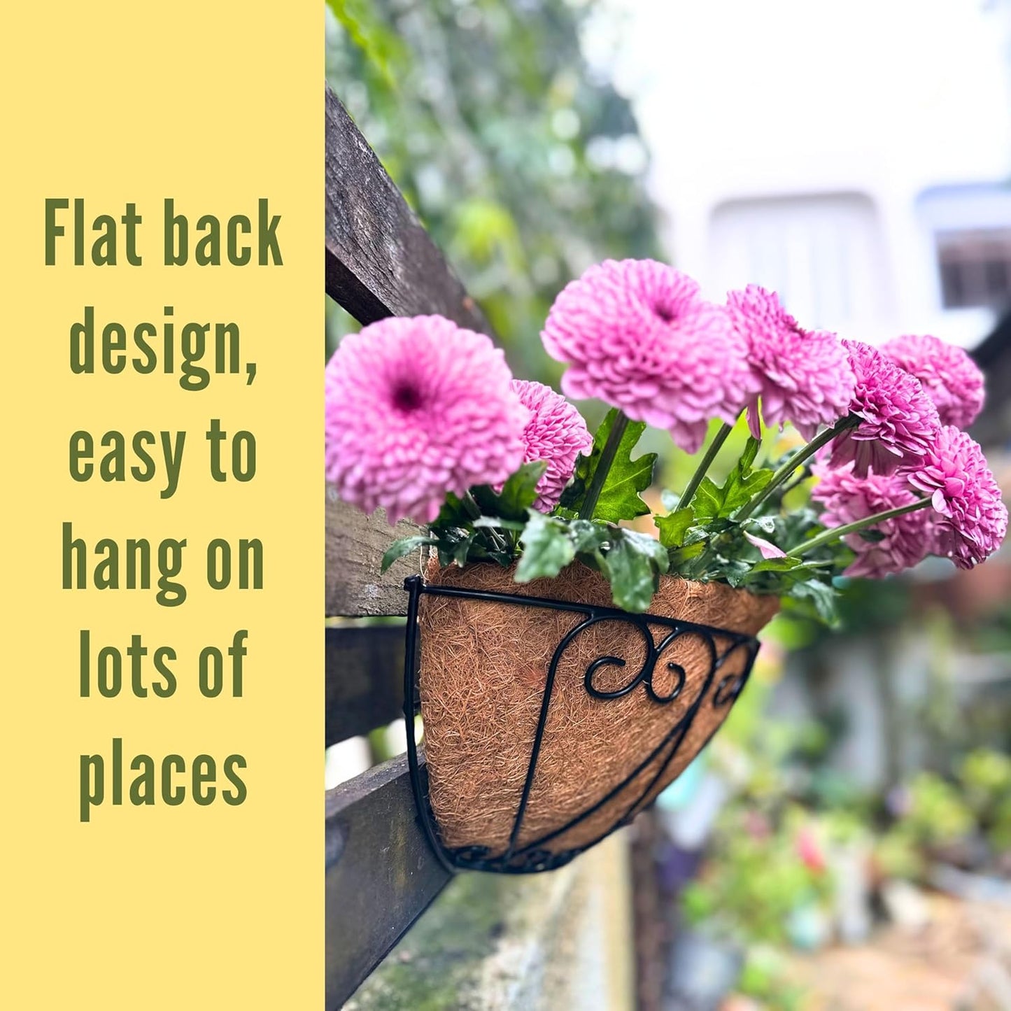 LaLaGreen Outdoor Wall Planters (2 Pack, 16 Inch) Black Metal Wall Mounted Hanging Basket with Coco Liner, Large Flower Pot Plant Holder Planter for Fence Railing Deck Porch Balcony Modern Home Decor