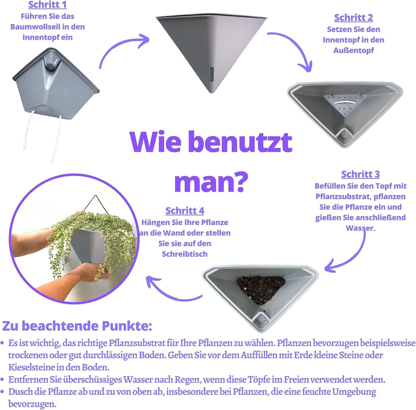 LaLaGreen Wall Planters for Indoor Plants - 4 Pack, 12 Inch Large Self Watering Gray Geometric Hanging Flower Vase Vessel with Metal Hanger, Modern Stylish Wall Mounted Succulent Pot Holder Decor