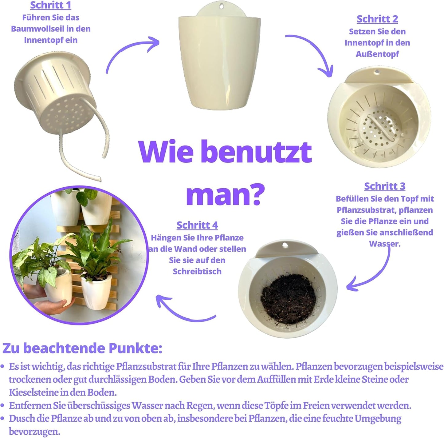 LaLaGreen Wall Planters for Indoor Plants - 10 Pack, 4 Inch Self Watering Plastic Planters and Pots, White Plant Holder, Modern Hydroponic Wall Pot Vertical System for Living Plant, Garden