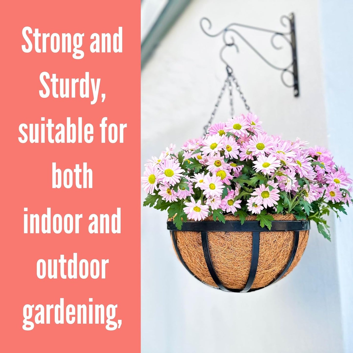 LaLaGreen Outdoor Hanging Baskets for Plants (2 Pack, 20 Inch) Extra Large Black Metal Flat Iron Hanging Planters with Coco Liner Round Flower Pot Holder Hanger Deck Porch Modern Garden Balcony Decor