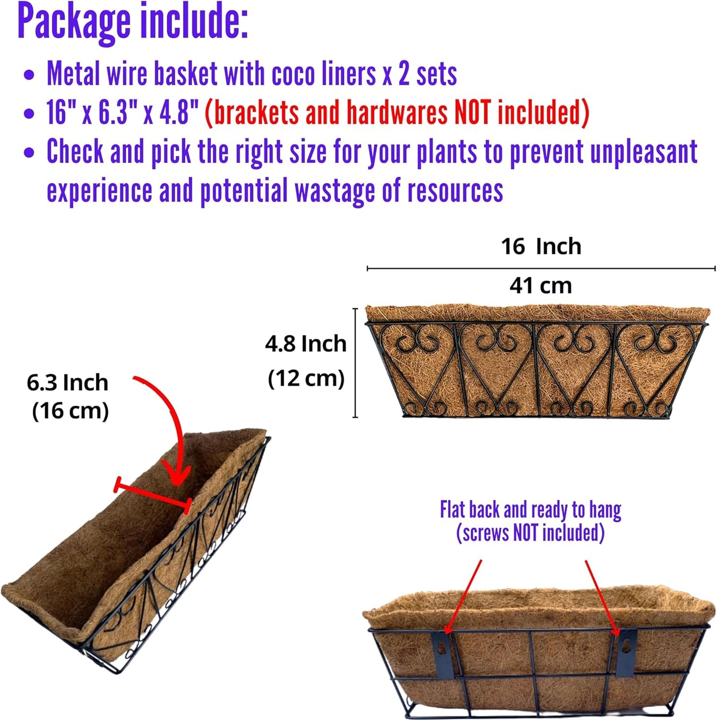 LaLaGreen Wall Planters - 2 Pack, 16 Inch Window Flower Boxes Outdoor, Deck Railing Hanging Metal Wire Basket Black with Coco Liners Horse Troughs Fence Balcony Garden Farmhouse Patio Porch Over Rail