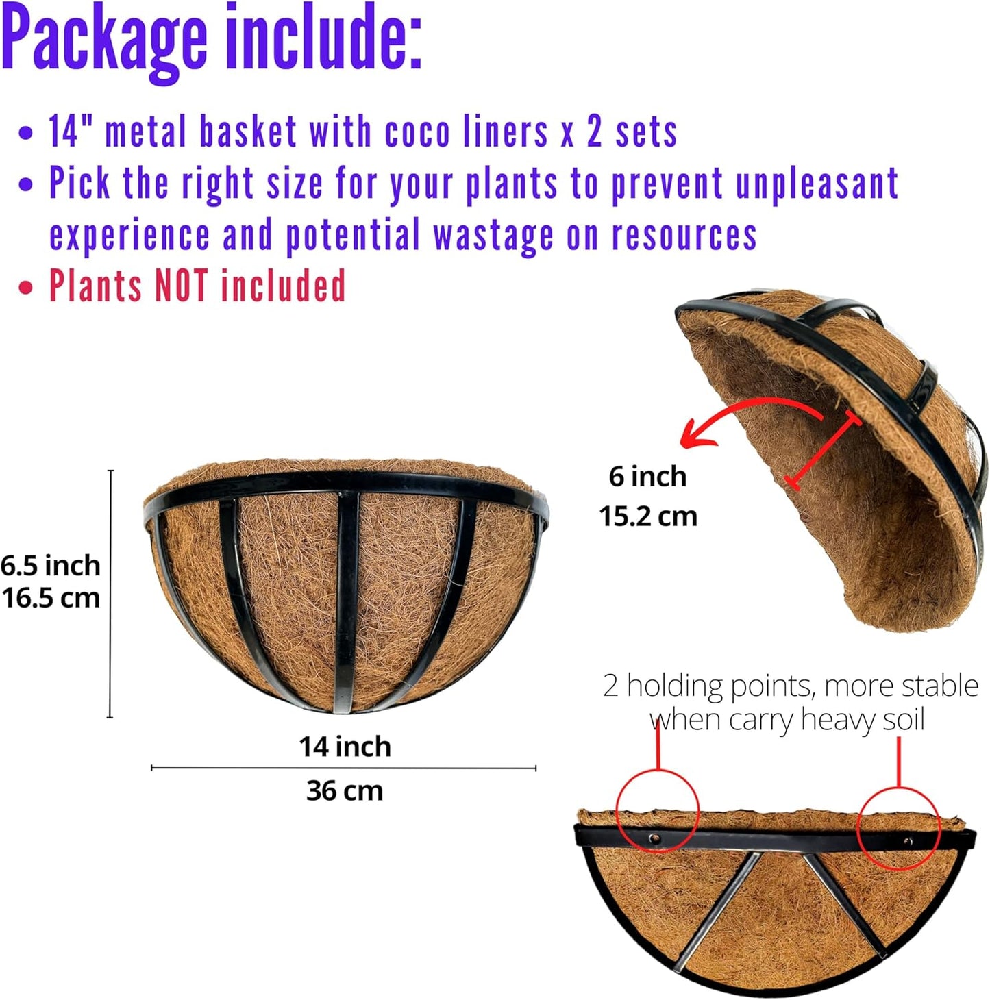 LalaGreen Wall Planters (2 Pack, 14 Inch) Black Metal Deck Railing Planter Boxes with Coco Liners, Window Basket Hanging Flower Pot for Outdoor Plants, Modern Horse Trough Fence, Balcony, Patio Porch