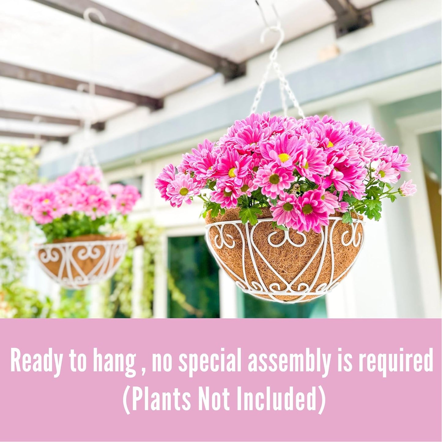 LaLaGreen Hanging Baskets for Plants (4 Pack, 14 Inch) Hanging Flower Pots with Coco Liner, White Metal Wire Round Basket Plant Holder with Hanger Hook Chain Outdoor Deck Patio Balcony Garden Decor