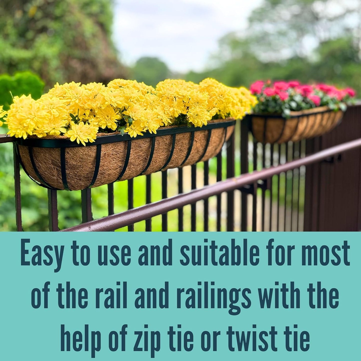 LaLaGreen Deck Railing Planter Boxes for Plants (24 Inch, 6 Pack) Metal Wall Planters for Outdoor Plants, Black Window Flower Boxes Deck Railings with Coco Liner Fence Balcony Patio Porch Over Rail