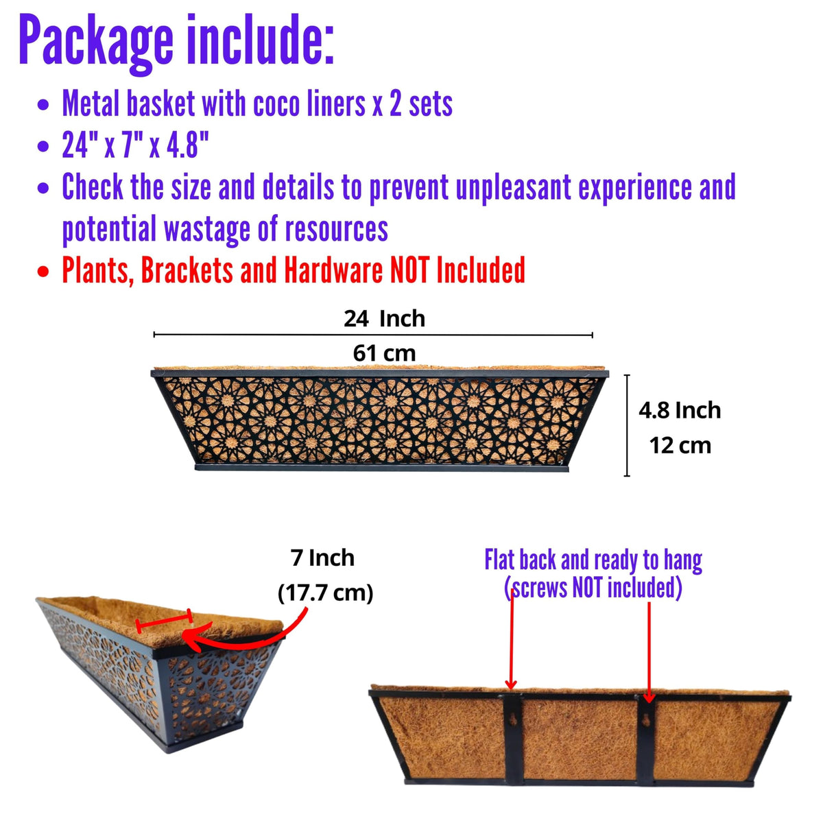 LaLaGreen Black Wall Planter (12 in, 2 Pack) Long Metal Window Flower Box