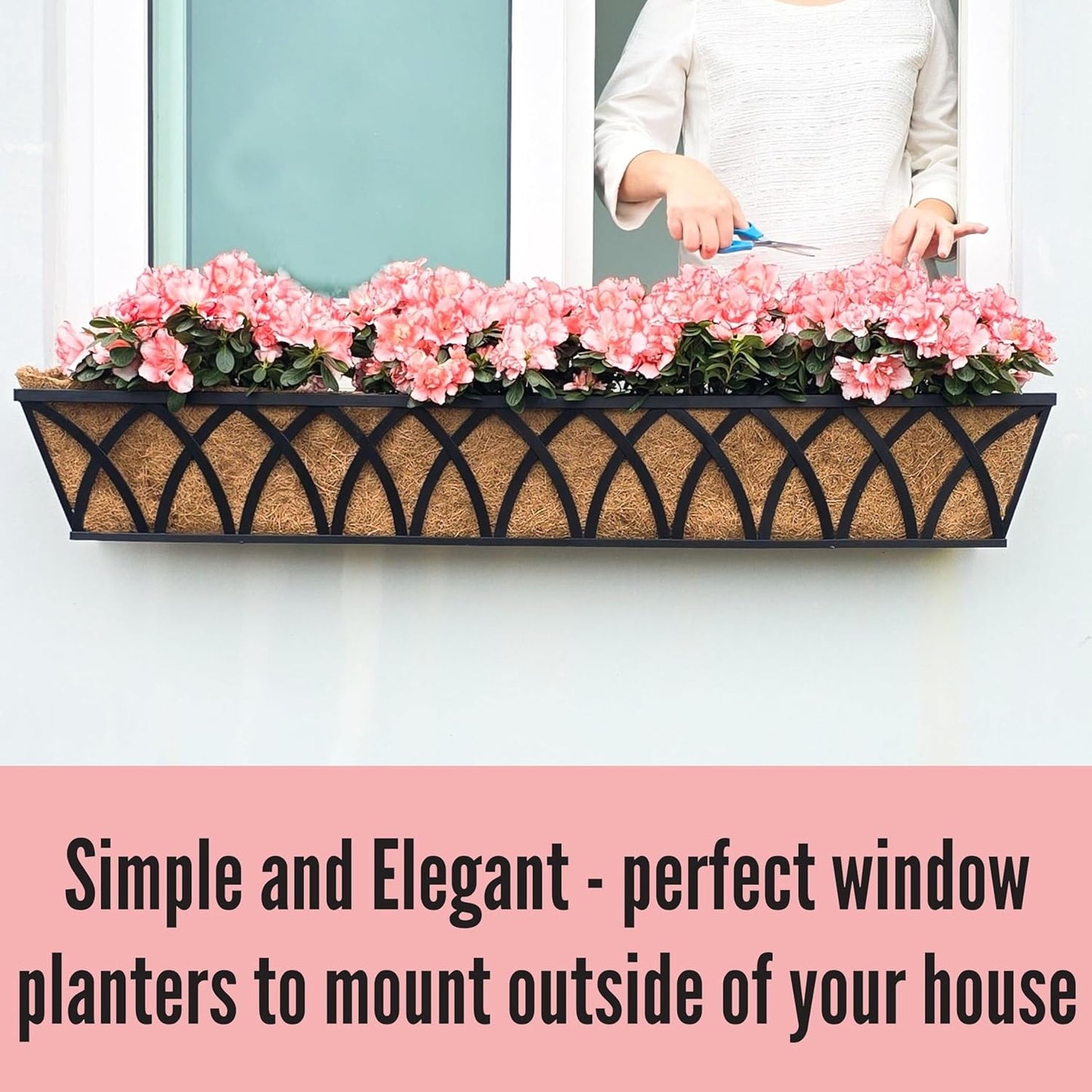 LaLaGreen Wall Planters (4 Pack, 48") Rectangular Black Metal Hanging Window Planter Box with Coco Liner, Flower Basket Plant Holder Attach House Outdoor Deck Railing Garden Patio Porch Balcony Fence