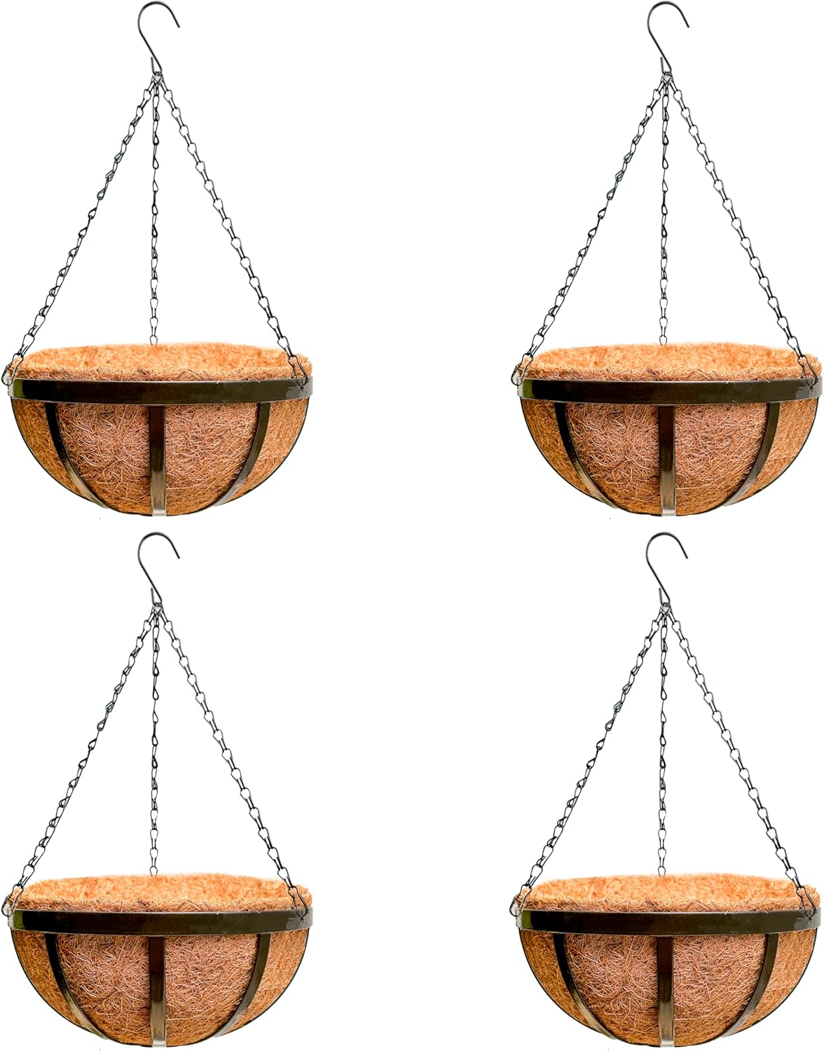 LaLaGreen Outdoor Hanging Baskets for Plants (4 Pack, 14 Inch) Large Hanging Planter with Coco Liner, Round Plant Flat Iron Metal Flower Pots for Deck Patio Porch Garden Balcony Outside Decoration