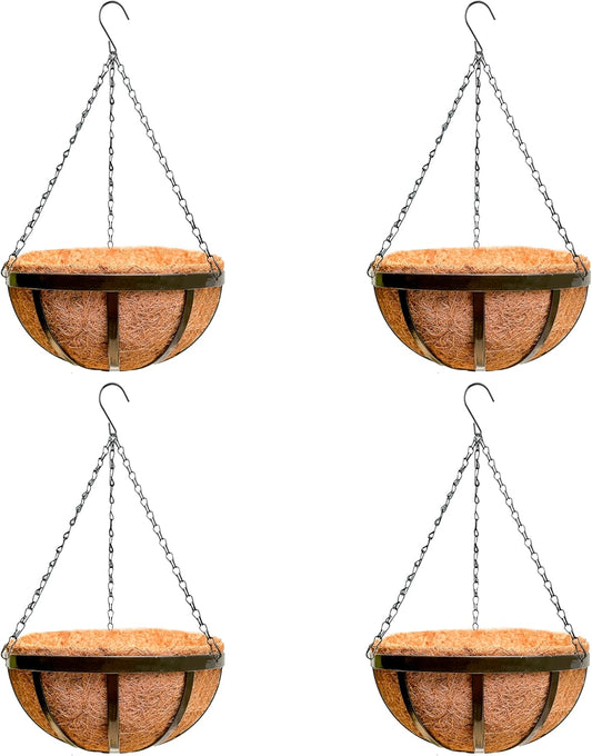 LaLaGreen Outdoor Hanging Baskets for Plants (4 Pack, 14 Inch) Large Hanging Planter with Coco Liner, Round Plant Flat Iron Metal Flower Pots for Deck Patio Porch Garden Balcony Outside Decoration