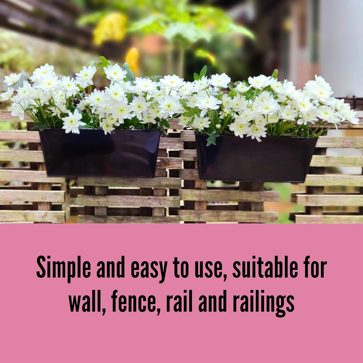 LaLaGreen Rail Planter Box (4 Pack, 16 Inch) Large Black Metal Hanging Flower Pots, Rectangle Outdoor Strawberry Plant Holder Window Balcony Deck Railing Fence Minimalist Farmhouse Countryside Style