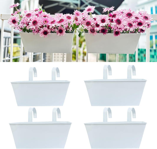 LaLaGreen Railing Planter (4 Pack, 14 Inch) White Metal Rectangle Outdoor Wall Hanging Flower Pots Balcony Bucket Deck Rail Fence Trendy Long Strawberry Succulent Plant Holder Rustic Countryside Style